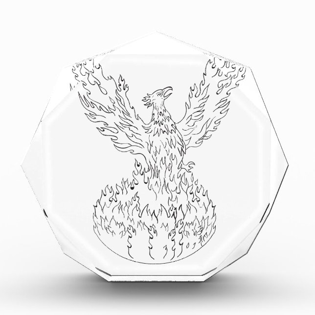 Phoenix Rising Fiery Flames Black and White Drawin Acrylic Award (Front)