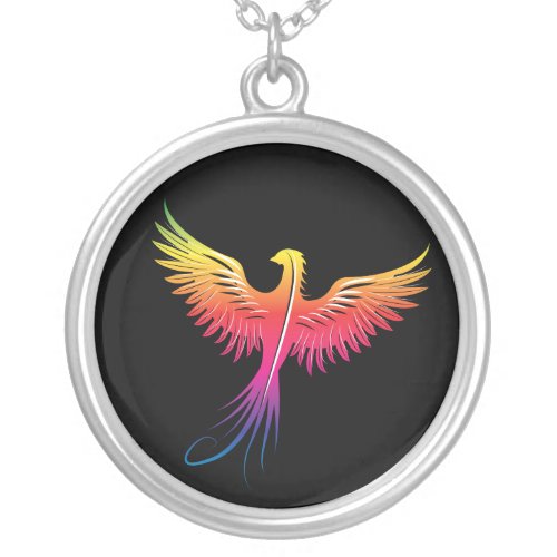 Phoenix rising flame colors silver plated necklace