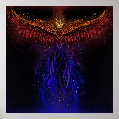 Phoenix rising from ashes neon art poster