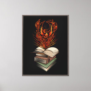 Phoenix Rising From Books Flames Fantasy Magical Canvas Print