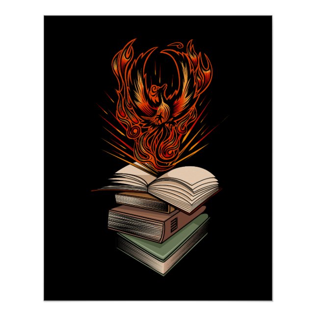 Phoenix Rising From Books Flames Fantasy Magical Poster (Front)