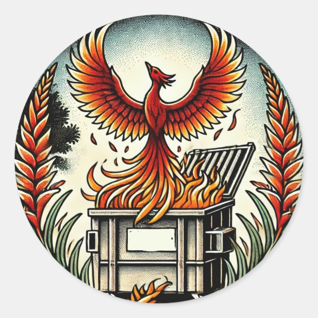 Phoenix Rising from the Dumpster Fire Ashes        Classic Round Sticker (Front)