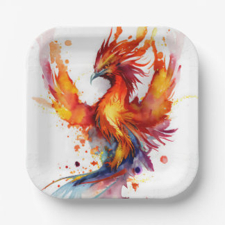 Phoenix Rising from the Flames Fantasy Watercolor Paper Plates