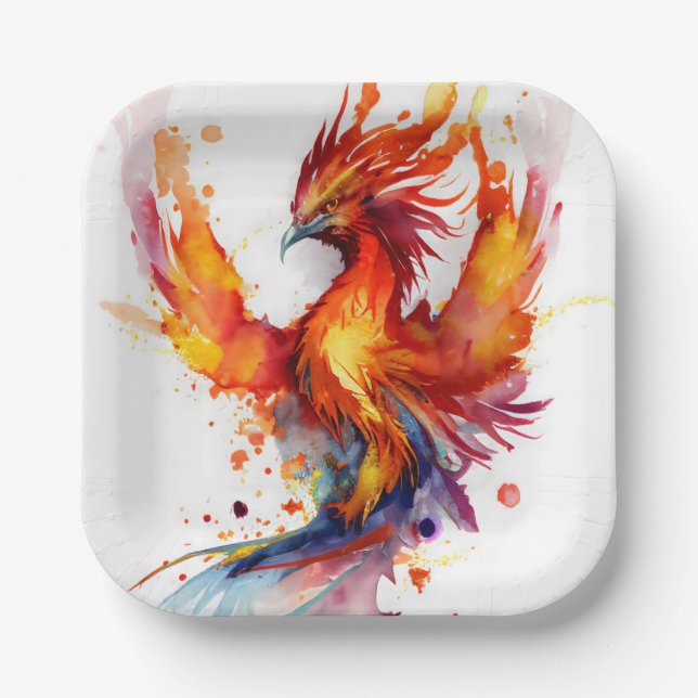 Phoenix Rising from the Flames Fantasy Watercolor Paper Plates (Front)