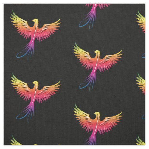 Phoenix rising multicolor on black fabric