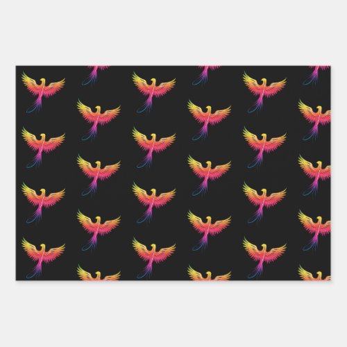 Phoenix rising multicolor on black wrapping paper sheets