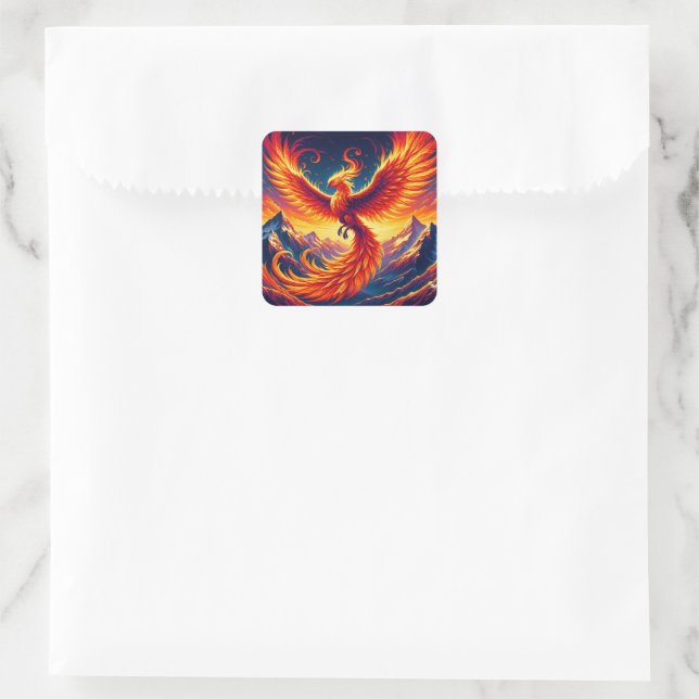 Phoenix Soars: Majestic Flight Over Vast Peaks Square Sticker (Bag)