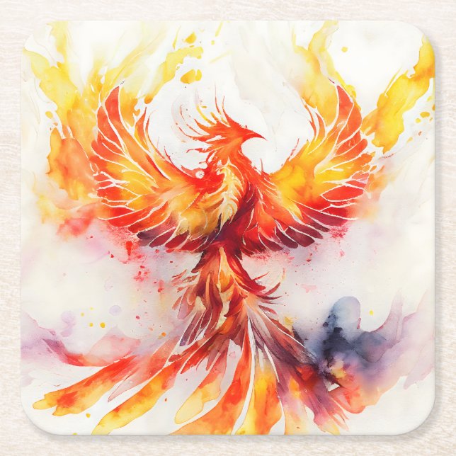 Phoenix Spreading it's Wings Rising from the Ashes Square Paper Coaster (Front)