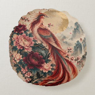 Phoenix with Peonies and Cherry Blossoms – Golden Round Pillow