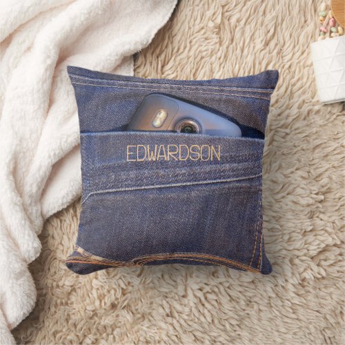 Phone in blue jeans pocket monogram name cool throw pillow