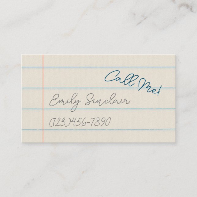Phone Number Call Me Contact Card On School Paper (Front)