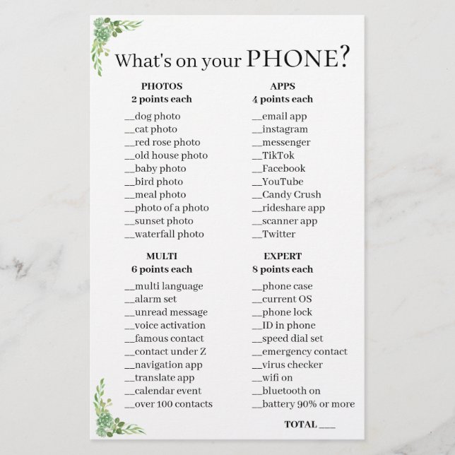 Phone Question Game 💍 Bridal Shower  (Front)