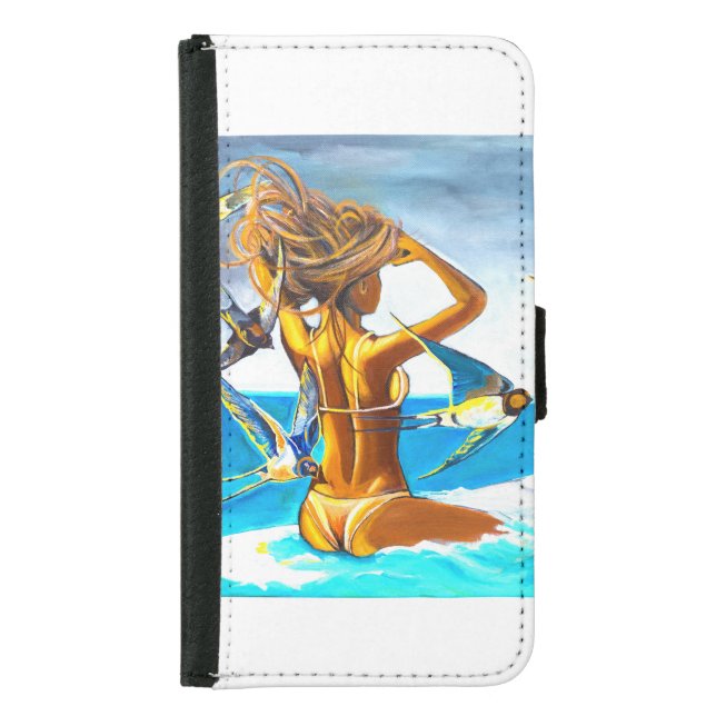 Phone Wallet Case with Surfer Girl and Birds (Front)