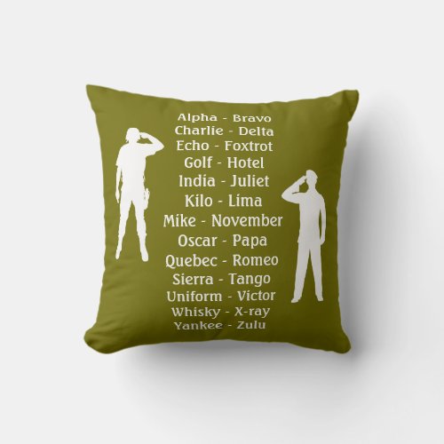 Phonetic Alphabet Army Military Camouflage Throw Pillow