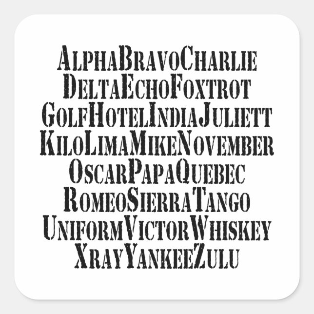 PHONETIC ALPHABET / CODE WORDS SQUARE STICKER (Front)