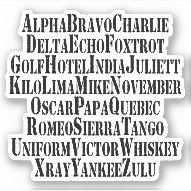 PHONETIC ALPHABET / CODE WORDS STICKER (Front)