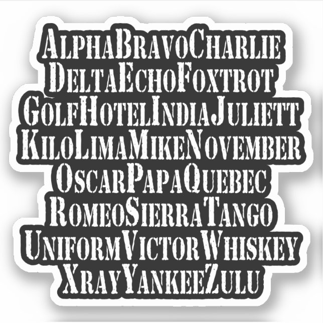 PHONETIC ALPHABET / CODE WORDS STICKER (Front)