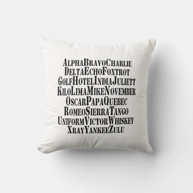 PHONETIC ALPHABET / CODE WORDS THROW PILLOW (Front)