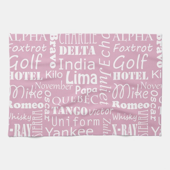 Phonetic Alphabet Pattern White on Light Pink Kitchen Towel (Horizontal)