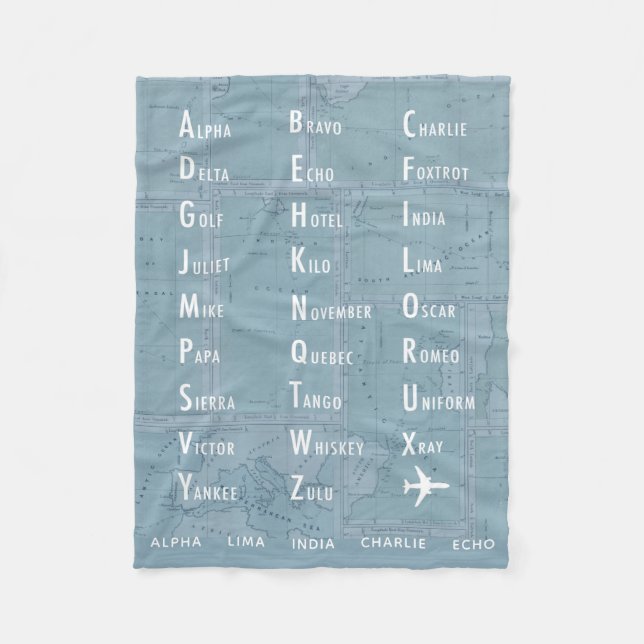 Phonetic Alphabet Personalized Vintage Blue Map Fleece Blanket (Front)