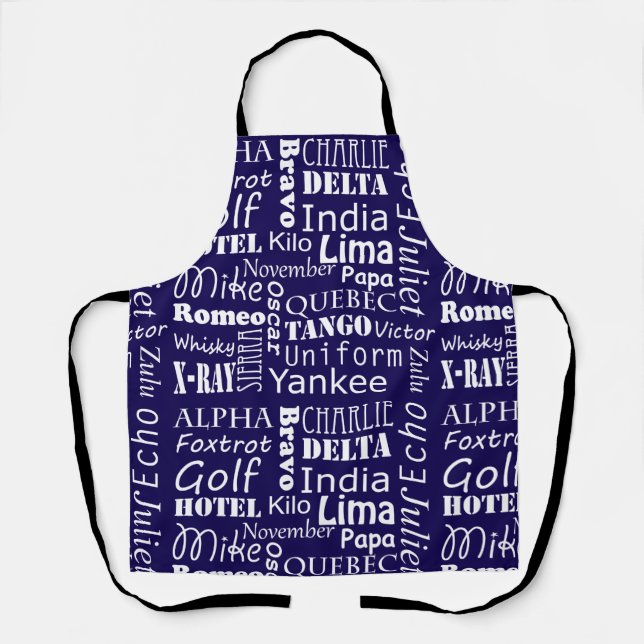Phonetic Alphabet Print Blue and White Apron (Front)