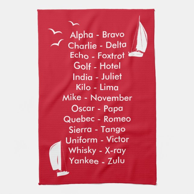 Phonetic Alphabet Red Sailboat Kitchen Towel (Vertical)