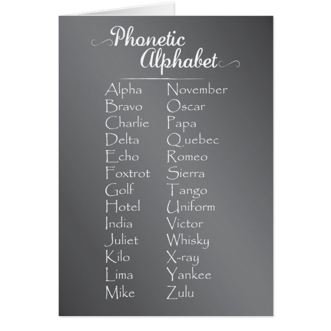 Phonetic Alphabet Trainee Cadet or Teacher Chalk Cards (Front)