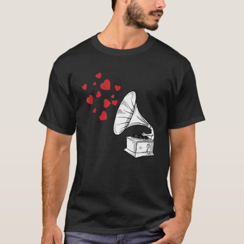 Phonograph Heart Notes Valentines Day Cute Music L T_Shirt