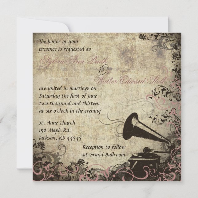 Phonograph Vintage Wedding Invitation Pink (Front)