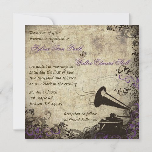 Phonograph Vintage Wedding Invitation Purple