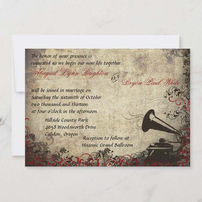 Phonograph Vintage Wedding Invitation Red (Front)