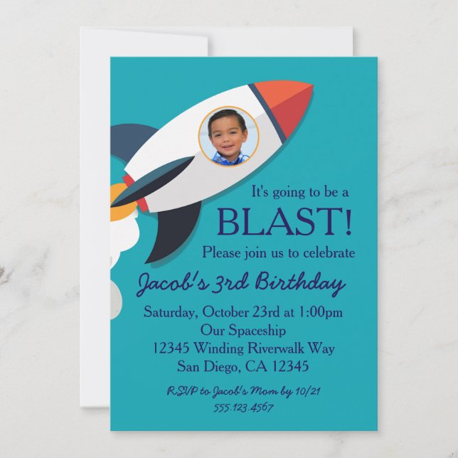 Phot0 Rocket Spaceship Boy Birthday Invitation (Front)