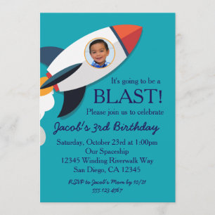 Phot0 Rocket Spaceship Boy Birthday Invitation