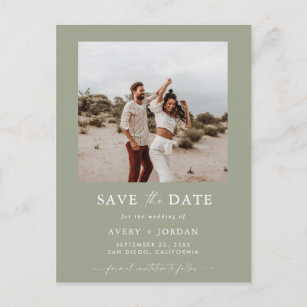 Phot Save the Date, Sage Green Boho Save the Date Postcard