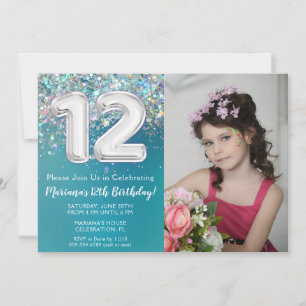 Photo 12th Birthday Invitation Teal Silver Glitter