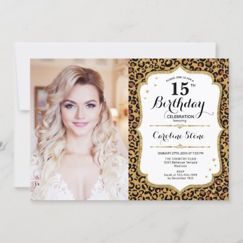 Photo 15th Birthday _ Gold White Leopard Print Invitation