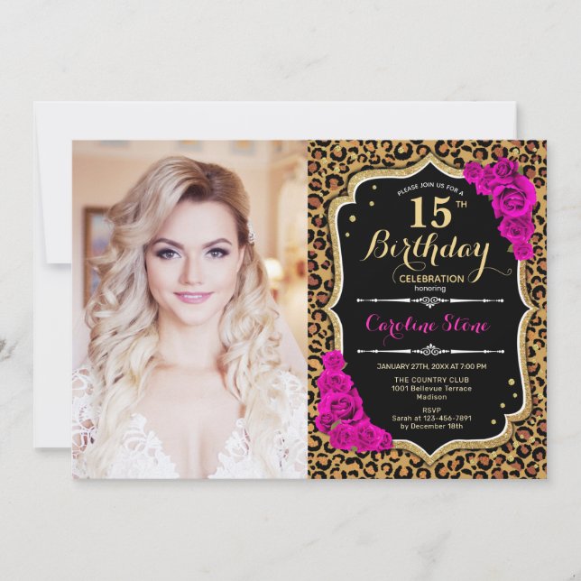 Photo 15th Birthday Party Pink Gold Leopard Print Invitation (Front)