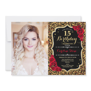 Photo 15th Birthday Party Red Gold Leopard Print Invitation