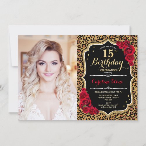 Photo 15th Birthday Party Red Gold Leopard Print Invitation