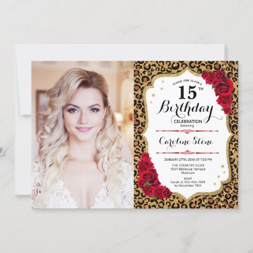 Photo 15th Birthday _ Red White Leopard Print Invitation
