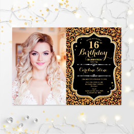 Photo 16th Birthday Party Gold Black Leopard Print Invitation