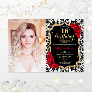 Photo 16th Birthday Party Red Gold Black Damask Invitation