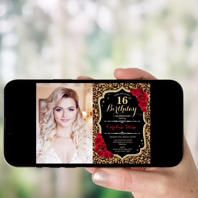 Photo 16th Birthday Party Red Gold Leopard Print Invitation (Front Digital)
