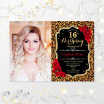 Photo 16th Birthday Party Red Gold Leopard Print Invitation<br><div class="desc">Leopard print 16th birthday party invitation with your photo. Features cheetah pattern,  script font,  red roses and confetti. Classy black white red design with faux glitter gold. Perfect for an elegant animal print sweet sixteen bday celebration.</div>