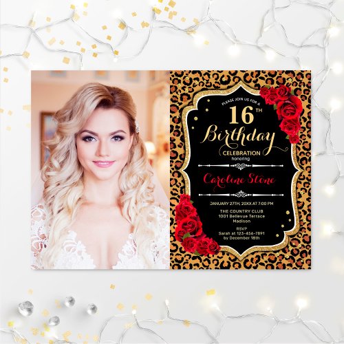 Photo 16th Birthday Party Red Gold Leopard Print Invitation