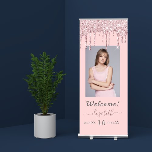 Photo 16th birthday rose gold pink glitter drips retractable banner