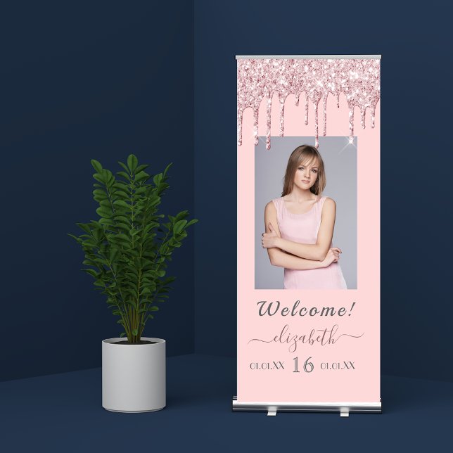 Photo 16th birthday rose gold pink glitter drips retractable banner (Creator Uploaded)