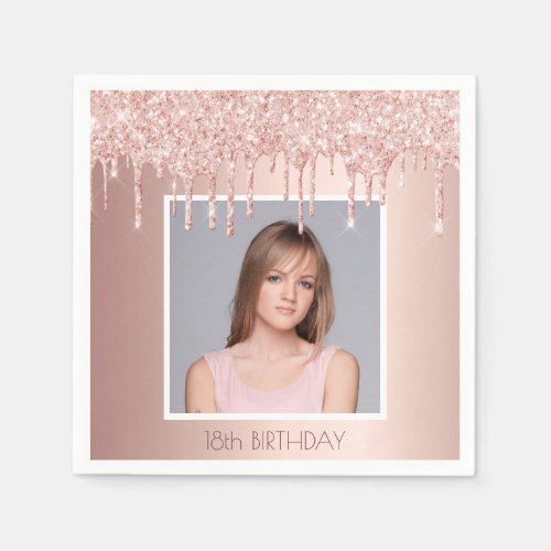 Photo 18th birthday party rose gold glitter glam napkins