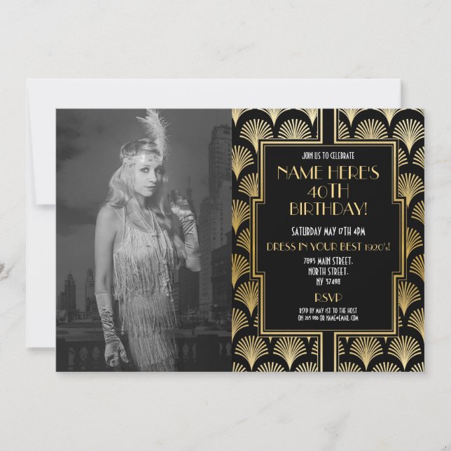 Photo 1920's Art Deco Birthday Party Gold Invitation (Front)