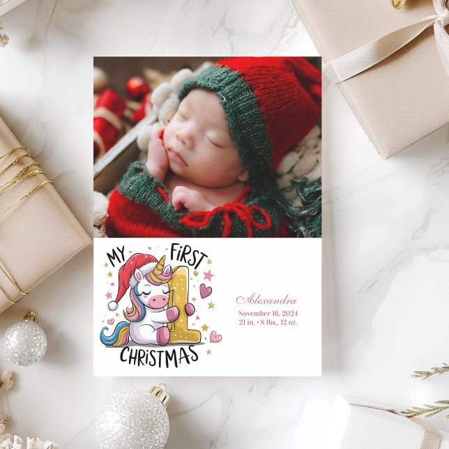 Photo 1st Baby Christmas Pink Gold Unicorn Holiday Card (Creator Uploaded)